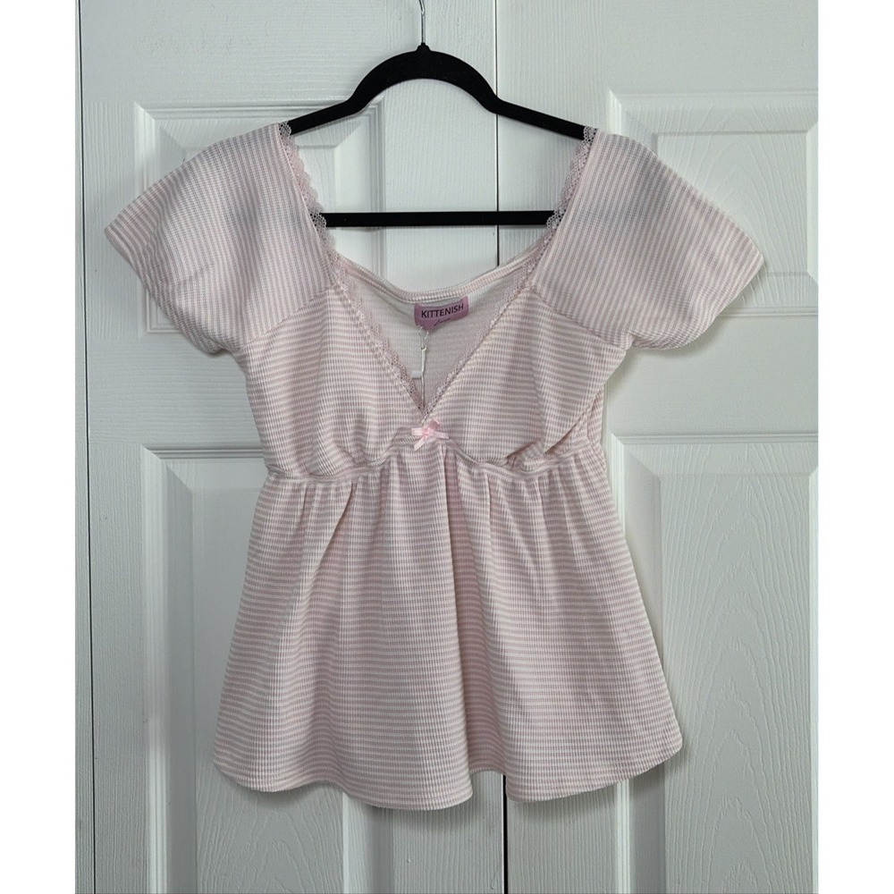Kittenish Babydoll Top Womens Size L Pink Striped Lace Waffle Knit Y2K Style